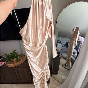 Express One-Shoulder Ruched Satin Dress in Champagne